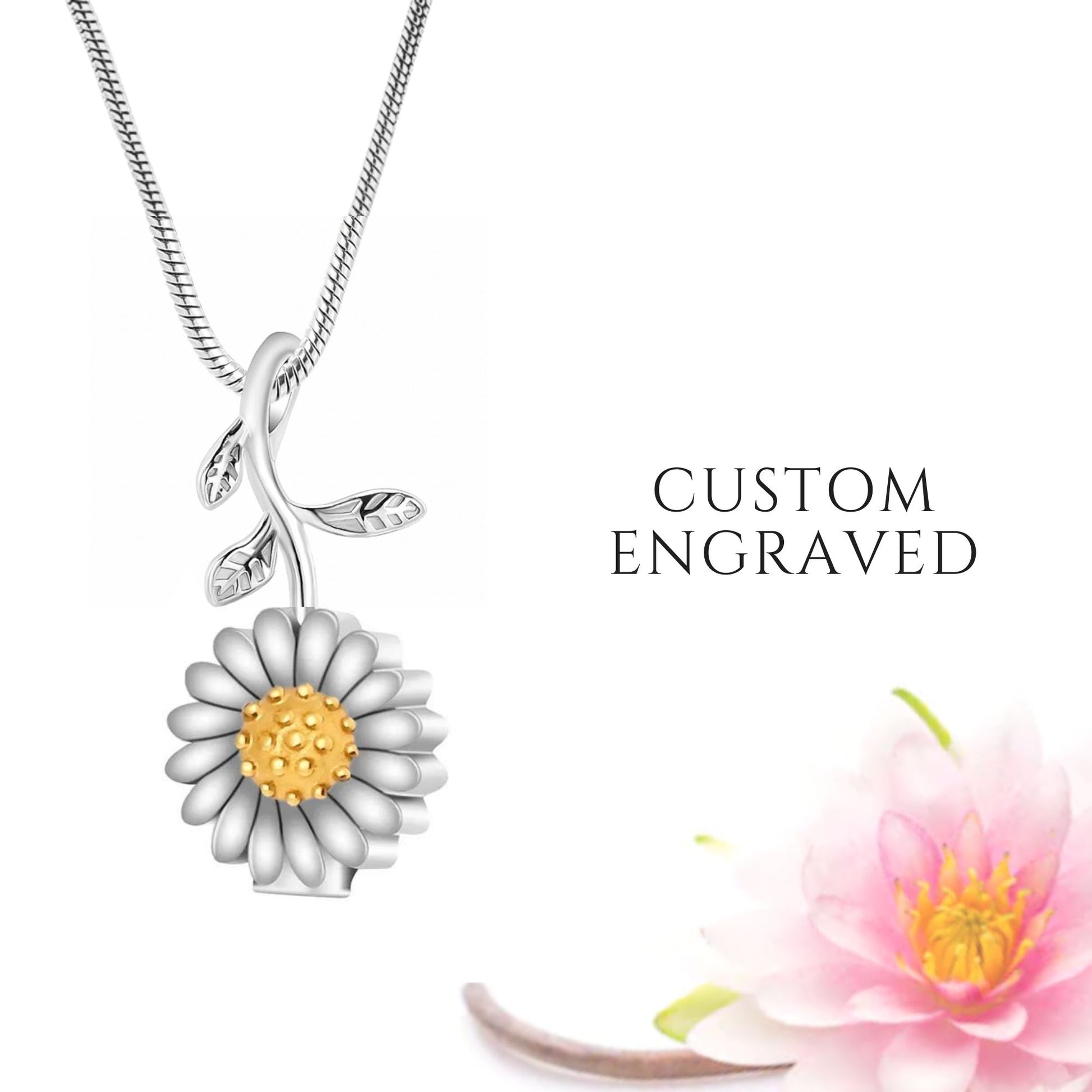 Sunflower Urn Necklace - Beautiful and meaningful jewelry for preserving cherished memories. Customizable with engraving and chain options. Perfect as memorial jewelry and a thoughtful sympathy gift.