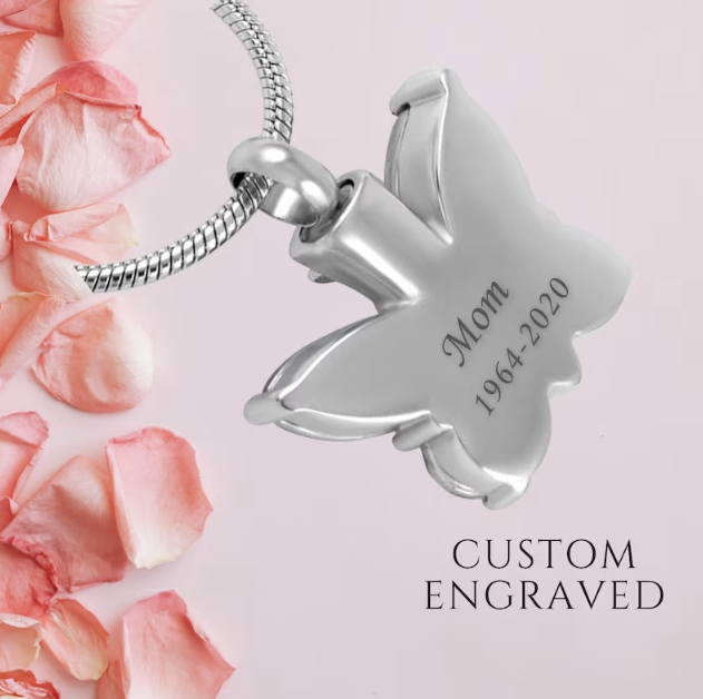 Butterfly Urn Necklace - Beautiful and meaningful jewelry for preserving cherished memories. Customizable with engraving and chain options. Perfect as memorial jewelry and a thoughtful sympathy gift.